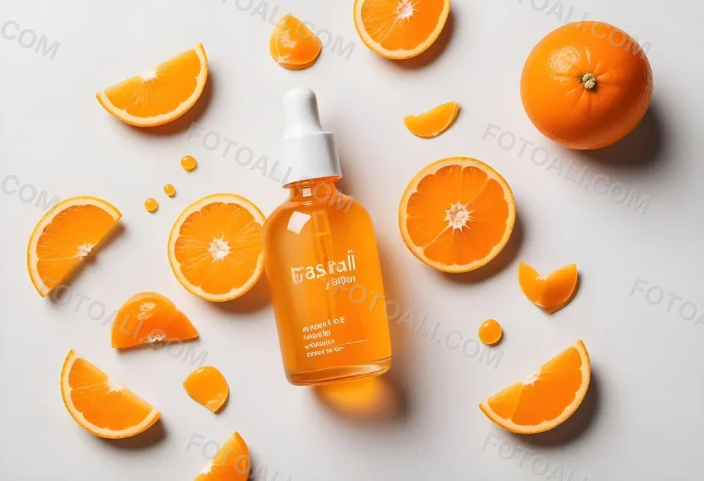 An Orange Bottle Of Facial Oil Serum With A Dropper Surrounded By Sliced Oranges On A White Background 30 94df
