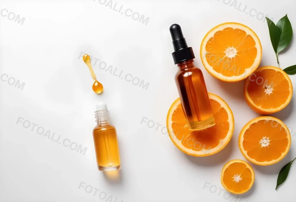 An Orange Bottle Of Facial Oil Serum With A Dropper Surrounded By Sliced Oranges On A White Background 32 F667