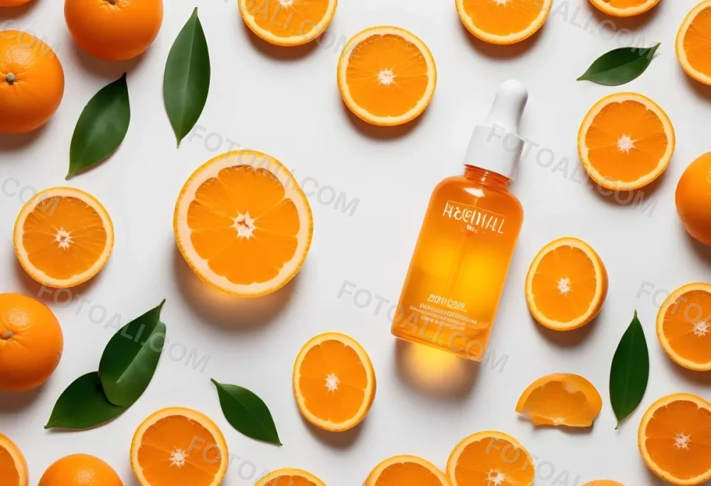 An Orange Bottle Of Facial Oil Serum With A Dropper Surrounded By Sliced Oranges On A White Background 4 Dd1b