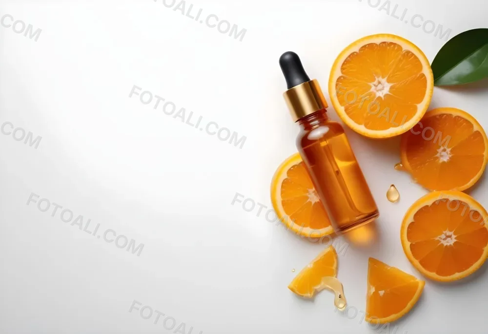 An Orange Bottle Of Facial Oil Serum With A Dropper Surrounded By Sliced Oranges On A White Background 6 82c7
