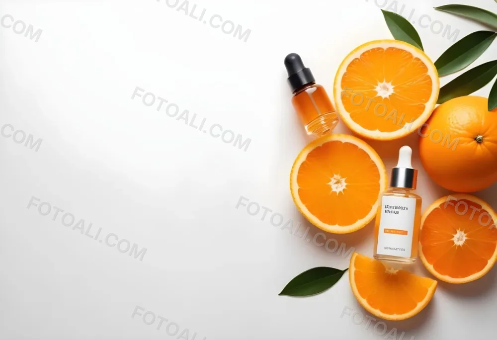 An Orange Bottle Of Facial Oil Serum With A Dropper Surrounded By Sliced Oranges On A White Background 7 4f6a