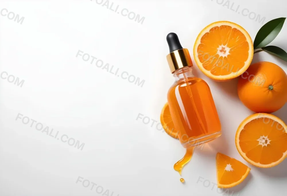 An Orange Bottle Of Facial Oil Serum With A Dropper Surrounded By Sliced Oranges On A White Background 8 007e