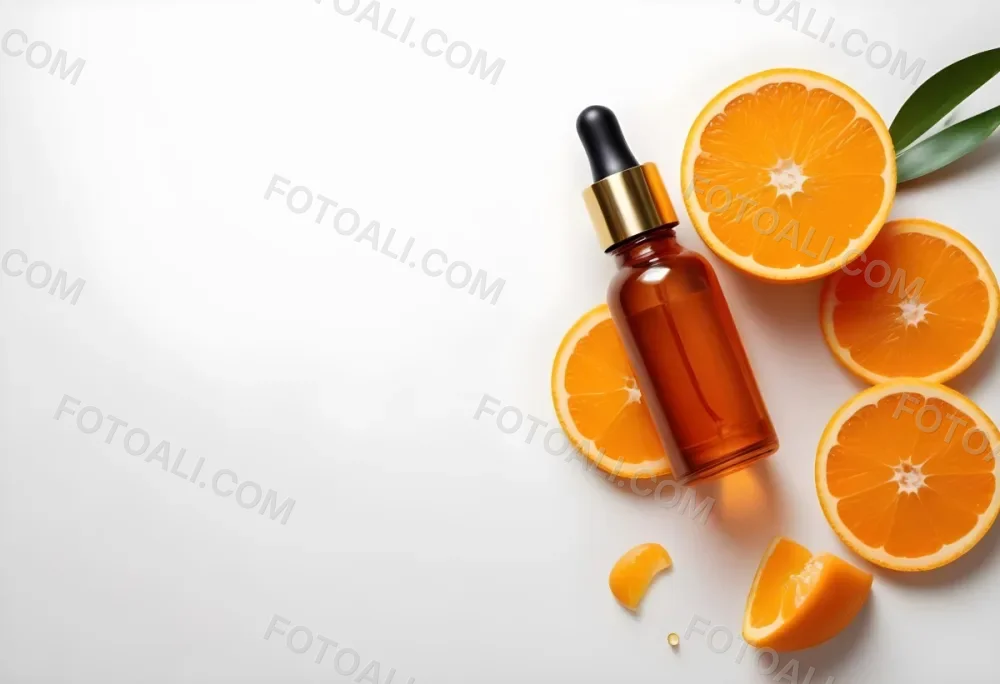 An Orange Bottle Of Facial Oil Serum With A Dropper Surrounded By Sliced Oranges On A White Background 9 2e20