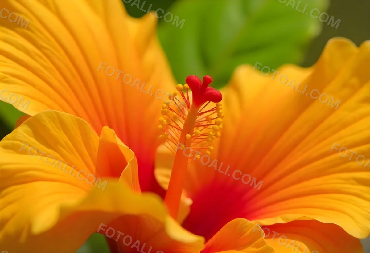 An Orange Hibiscus Flower With Red Center Against A Blurred Green Background 13 3b40