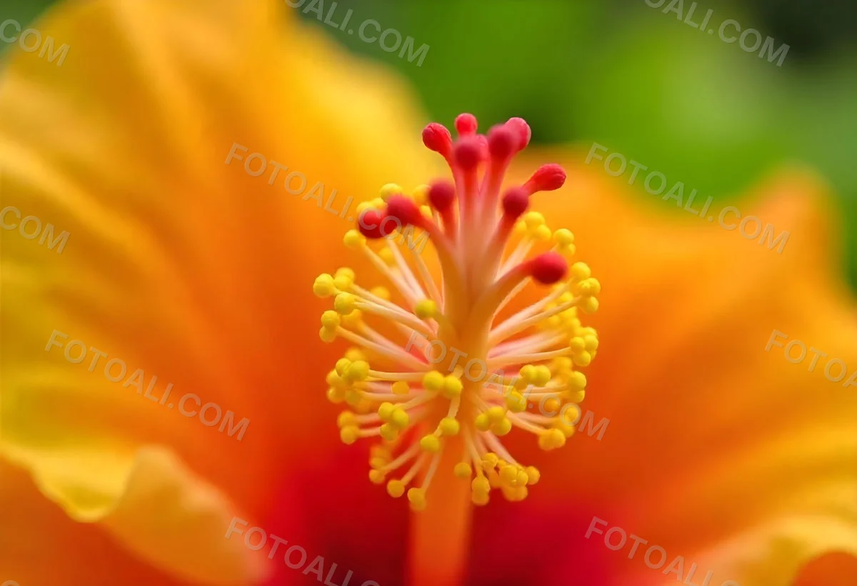 An Orange Hibiscus Flower With Red Center Against A Blurred Green Background 18 94c9