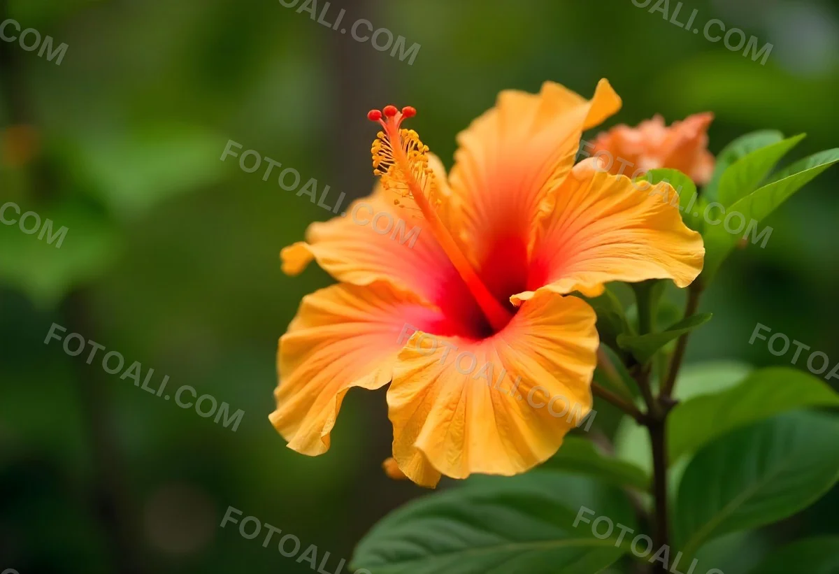 An Orange Hibiscus Flower With Red Center Against A Blurred Green Background 20 E568