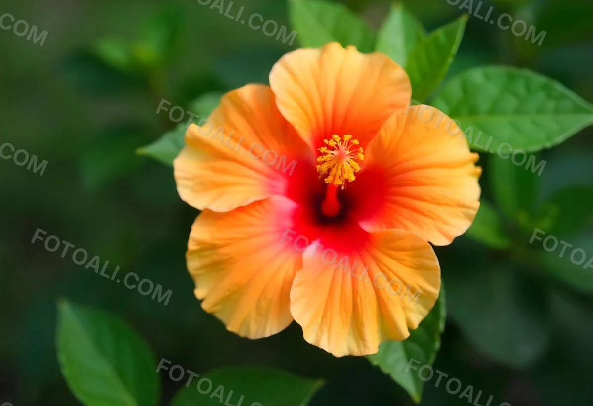 An Orange Hibiscus Flower With Red Center Against A Blurred Green Background 22 B132