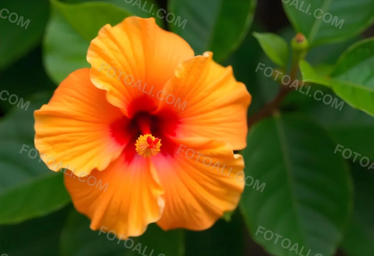 An Orange Hibiscus Flower With Red Center Against A Blurred Green Background 23 Aaeb