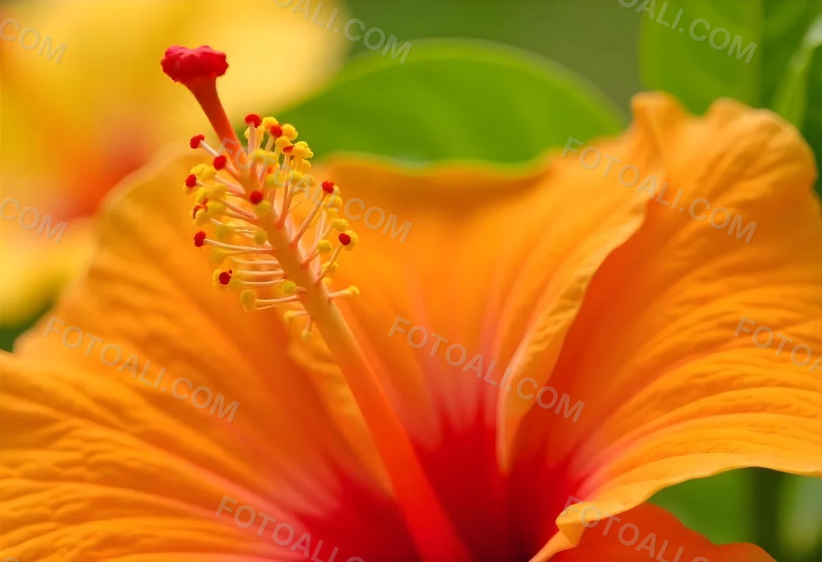 An Orange Hibiscus Flower With Red Center Against A Blurred Green Background 6 5c64