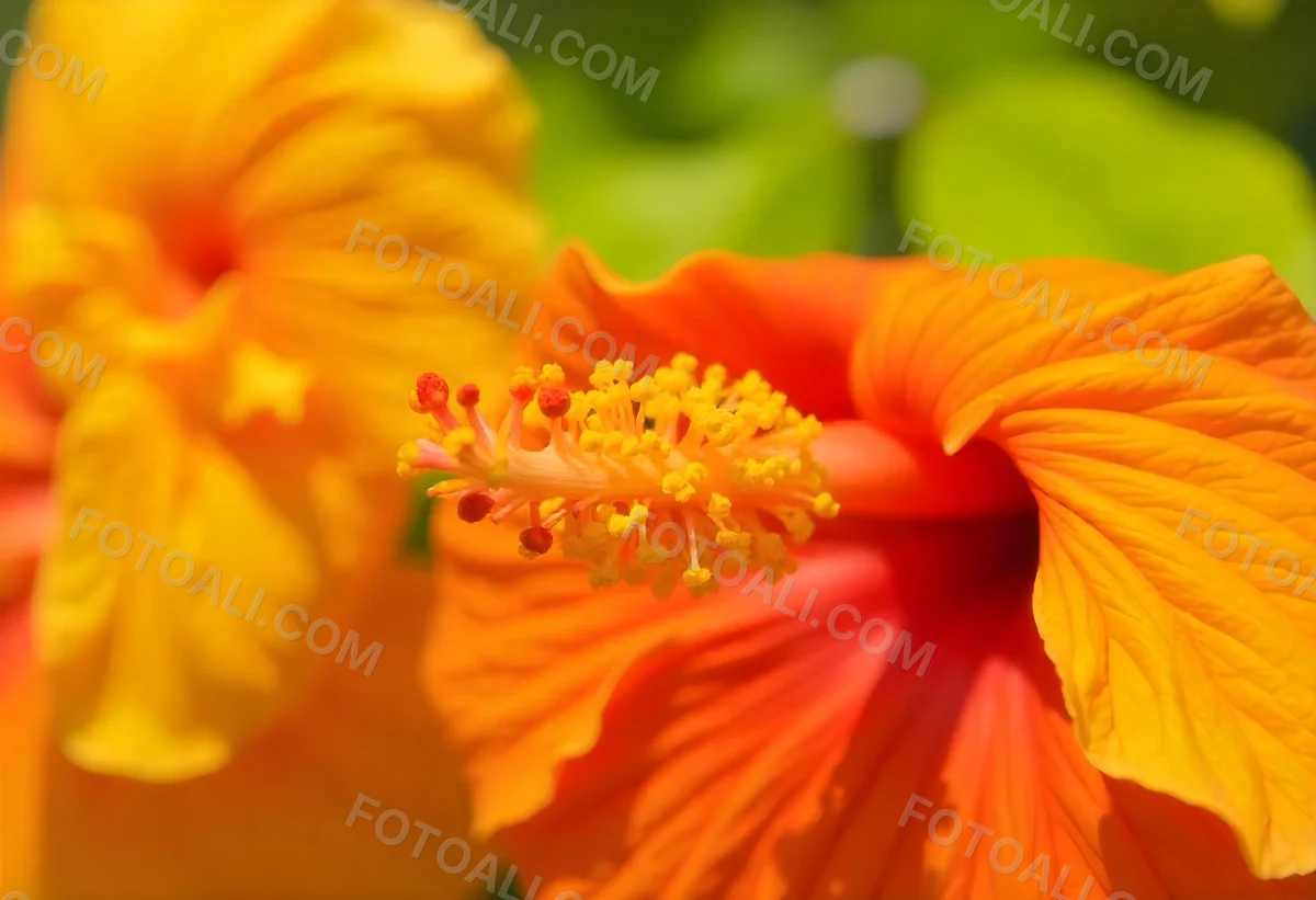 An Orange Hibiscus Flower With Red Center Against A Blurred Green Background 8 A66b