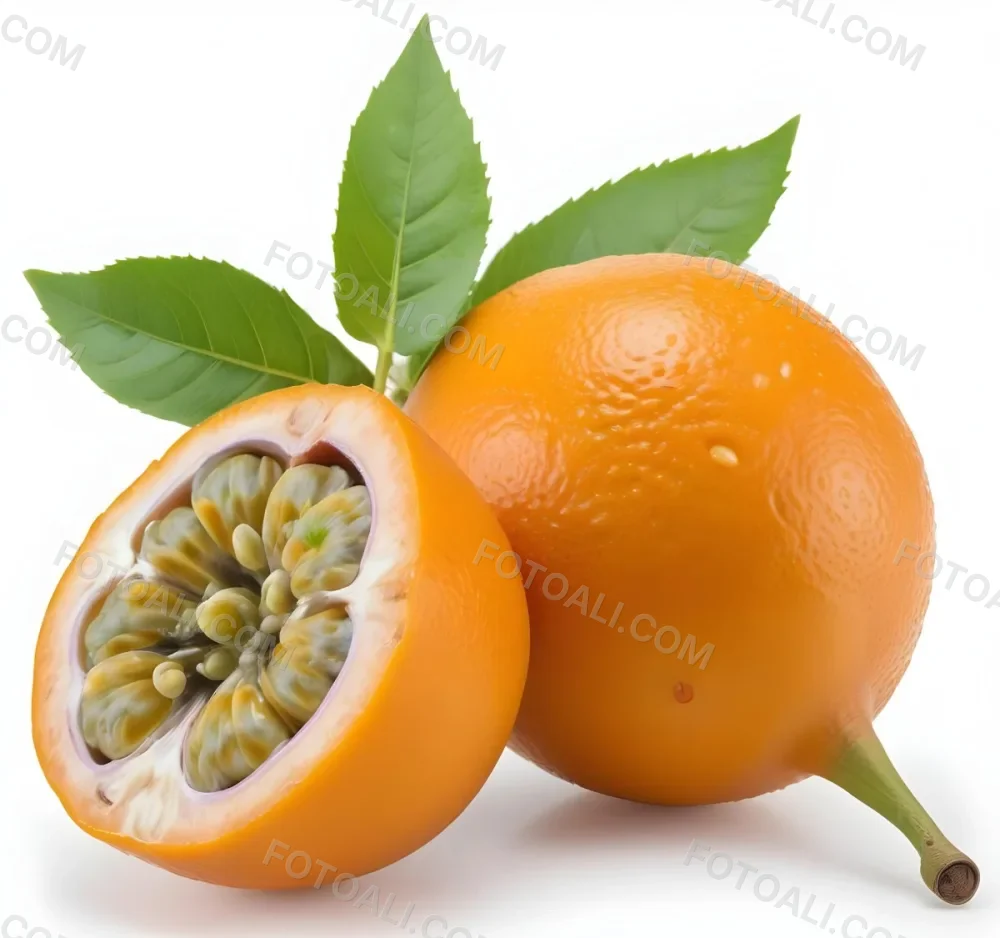 An Orange Passion Fruit With Green Leaves Cut In Half To Reveal The Black Seeds Inside 13 5451