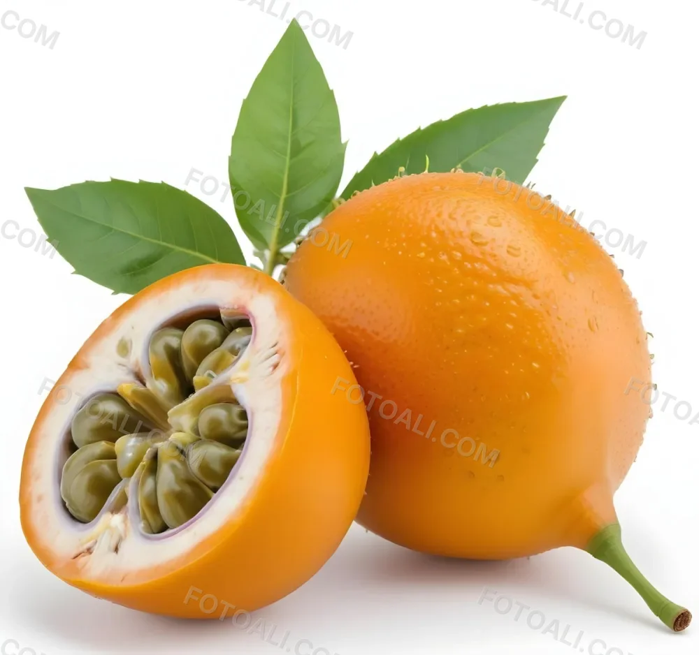 An Orange Passion Fruit With Green Leaves Cut In Half To Reveal The Black Seeds Inside 17 2994