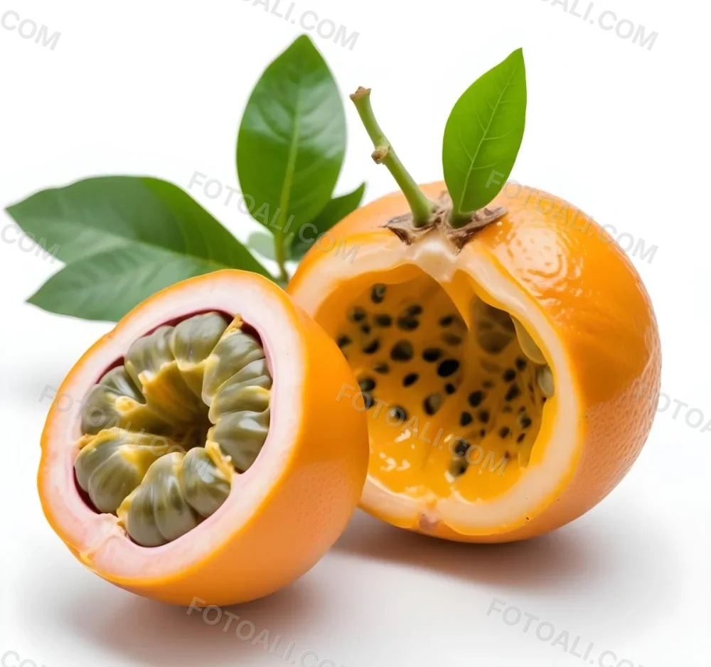 An Orange Passion Fruit With Green Leaves Cut In Half To Reveal The Black Seeds Inside 18 B1ce