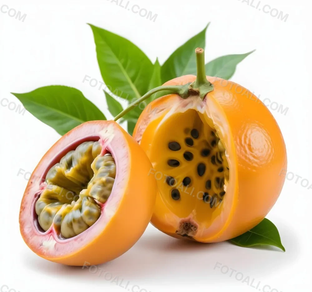 An Orange Passion Fruit With Green Leaves Cut In Half To Reveal The Black Seeds Inside 2 Eda1