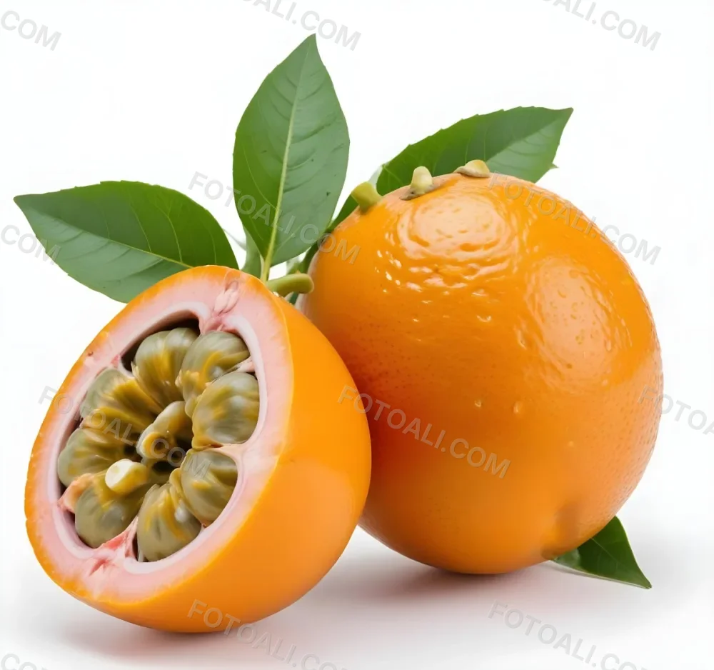 An Orange Passion Fruit With Green Leaves Cut In Half To Reveal The Black Seeds Inside 4 9cce