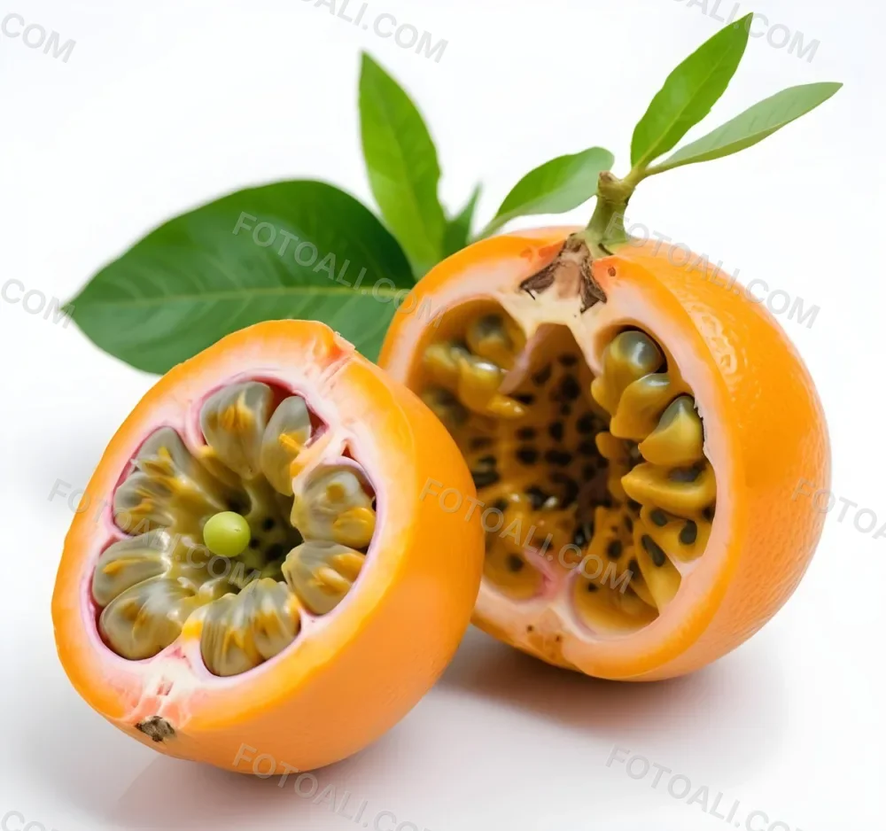 An Orange Passion Fruit With Green Leaves Cut In Half To Reveal The Black Seeds Inside 5 19bd