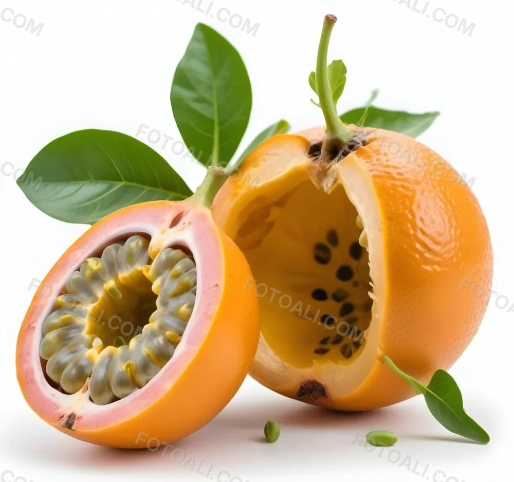 An Orange Passion Fruit With Green Leaves Cut In Half To Reveal The Black Seeds Inside 6 6f69