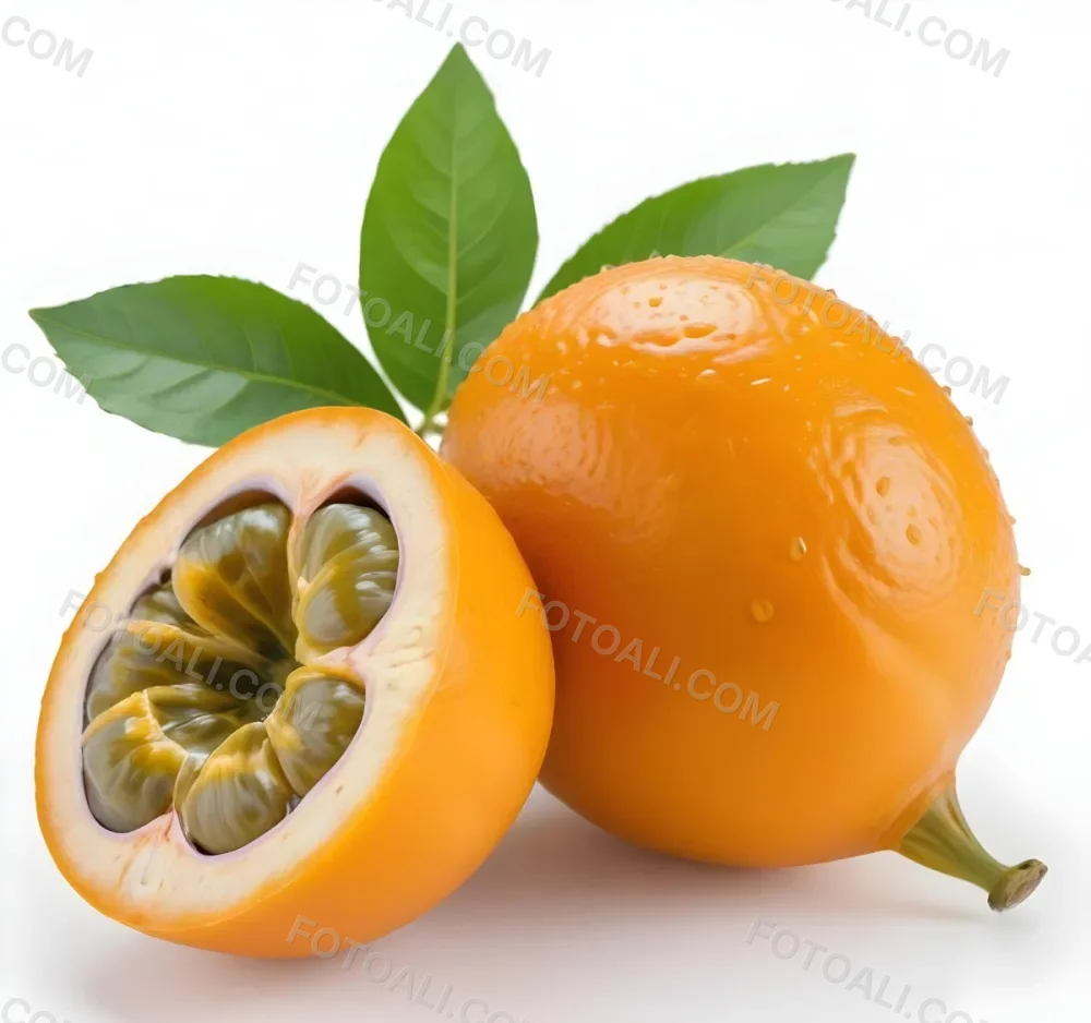An Orange Passion Fruit With Green Leaves Cut In Half To Reveal The Black Seeds Inside 7 D561