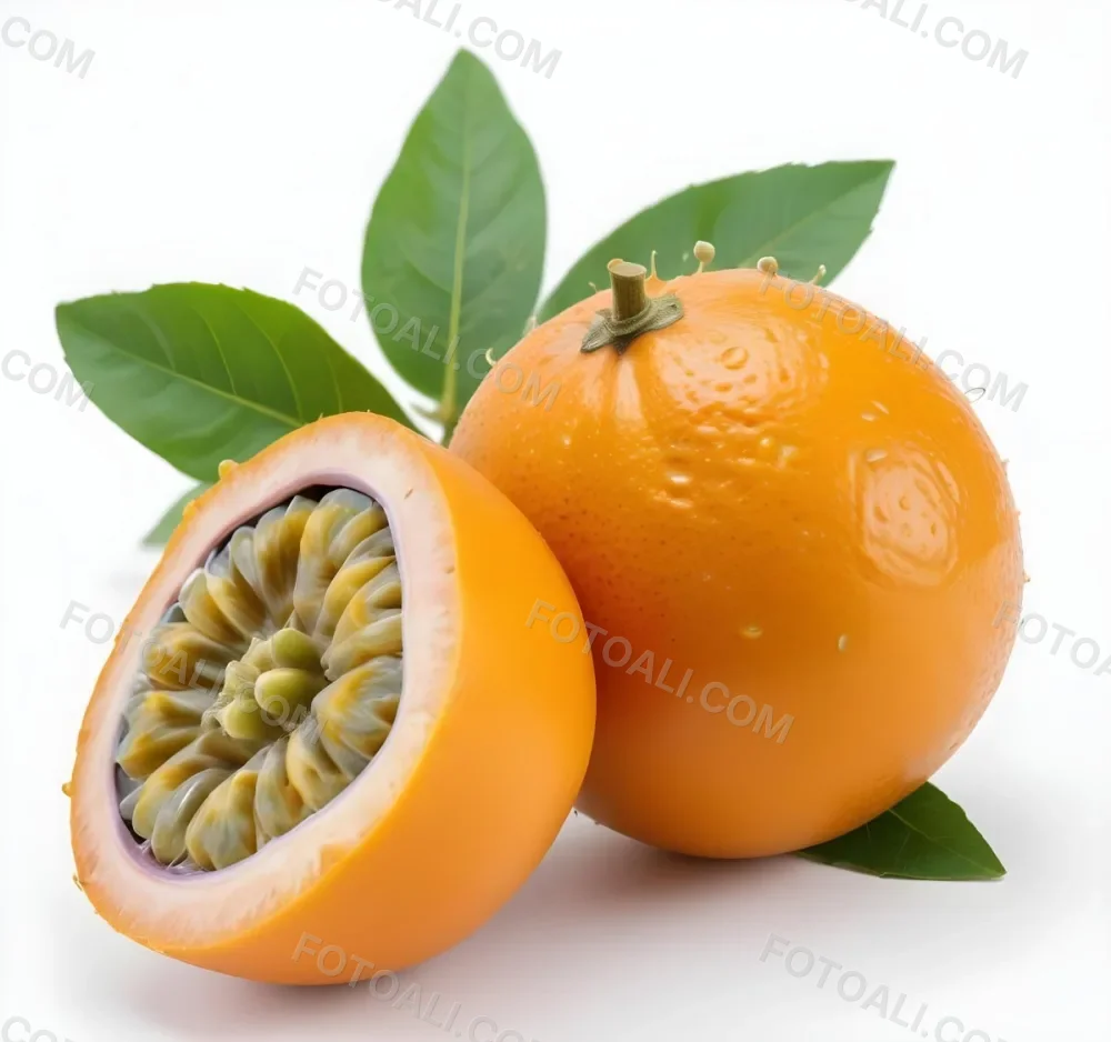 An Orange Passion Fruit With Green Leaves Cut In Half To Reveal The Black Seeds Inside 8 Fc4a