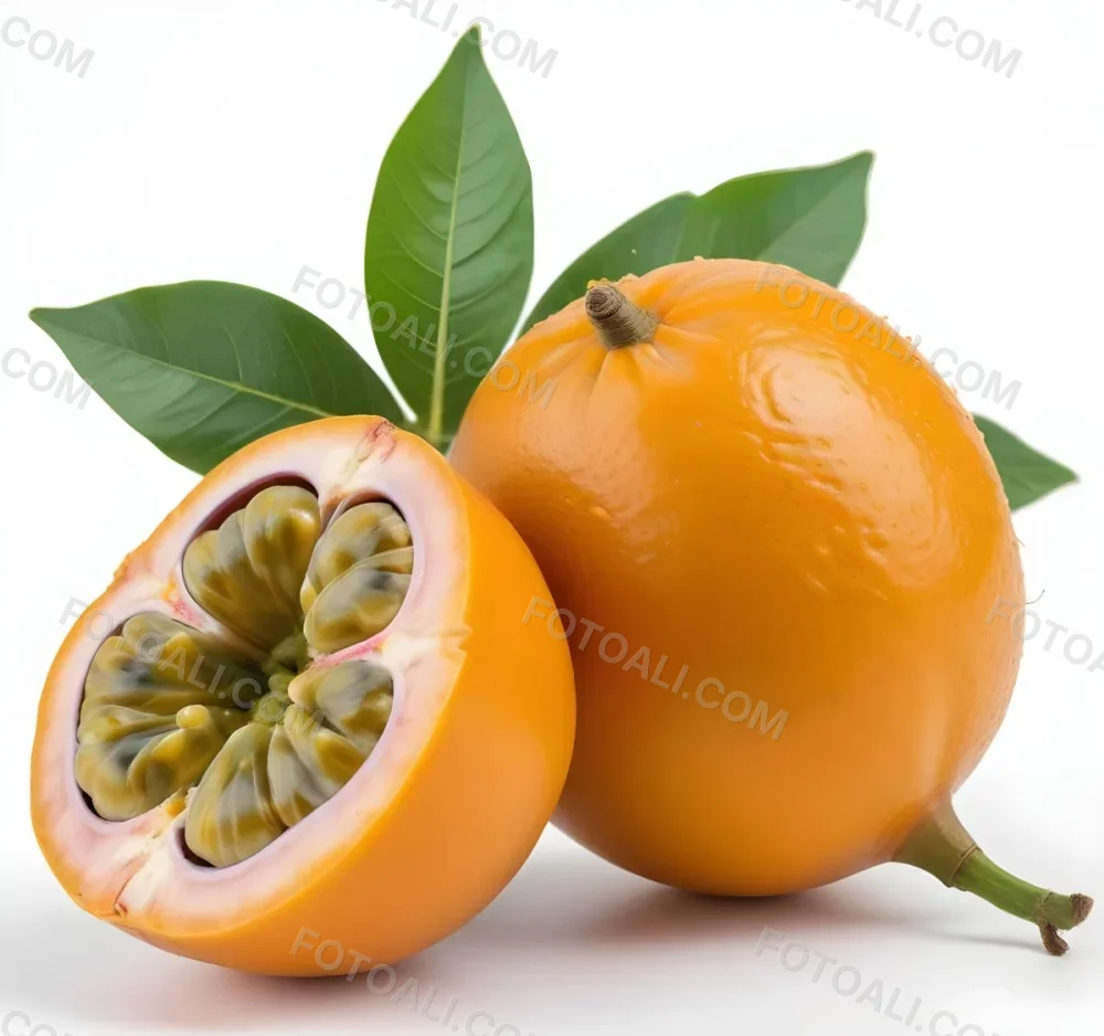 An Orange Passion Fruit With Green Leaves Cut In Half To Reveal The Black Seeds Inside 9 5481