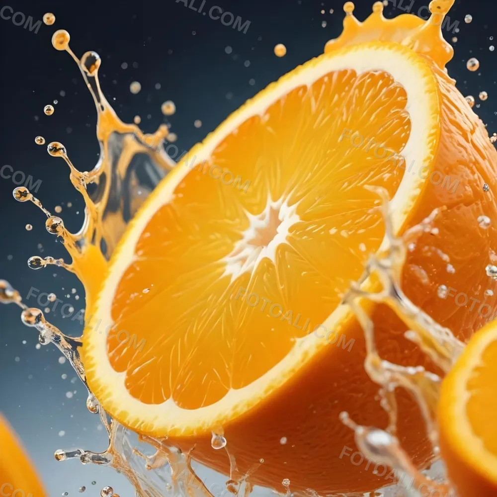 An Orange Slice With Juice Splashing Around It In A Bright Kitchen 7 6d5b