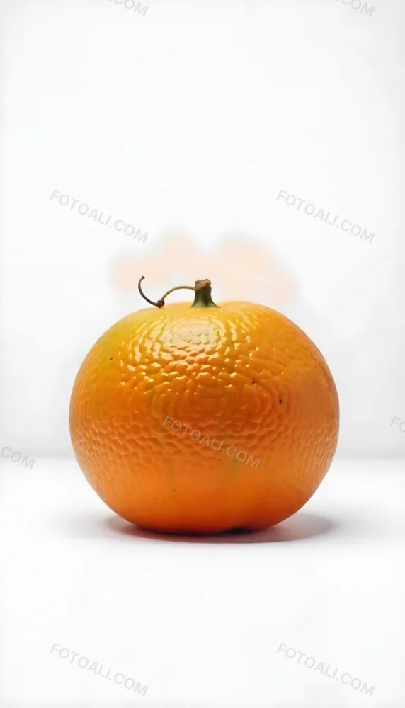 An Orange With A Small Stem On Top The Skin Is Textured And Bright Orange The Background Is White With Some Bokeh 12 9976
