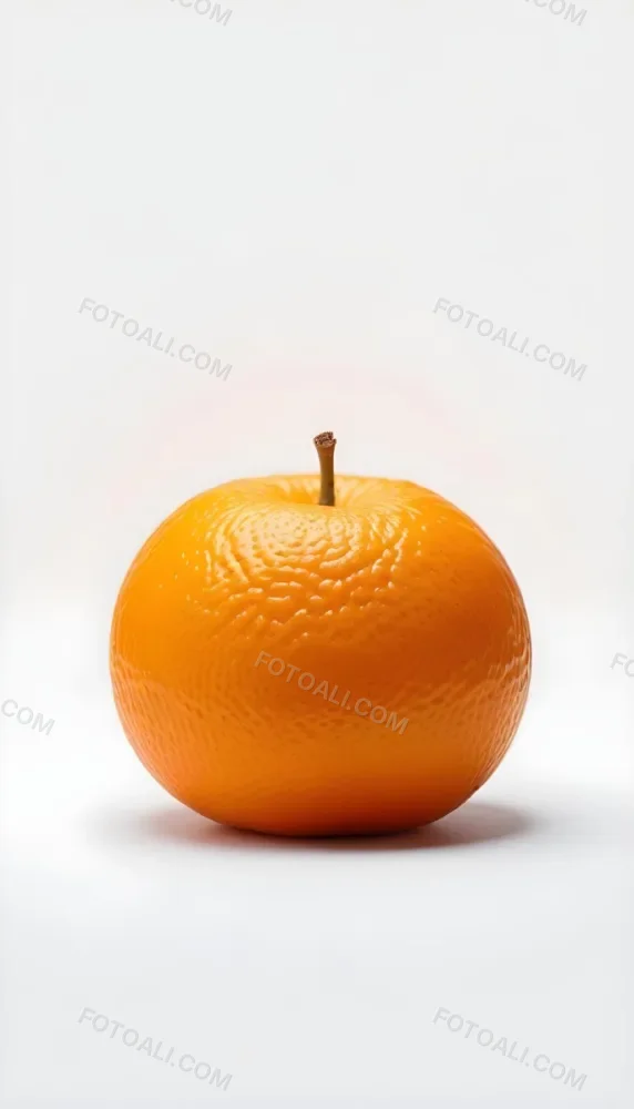 An Orange With A Small Stem On Top The Skin Is Textured And Bright Orange The Background Is White With Some Bokeh 14 F714