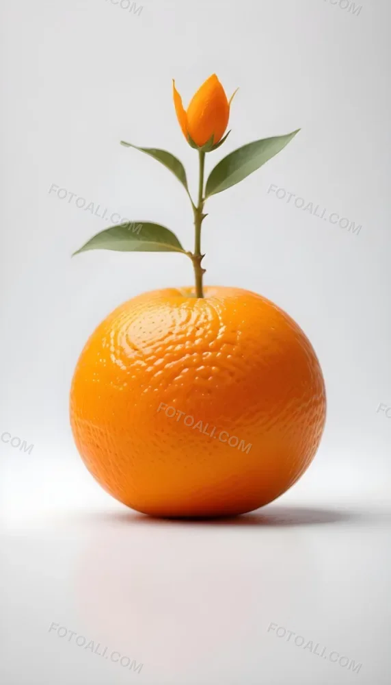 An Orange With A Small Stem On Top The Skin Is Textured And Bright Orange The Background Is White With Some Bokeh 16 2356