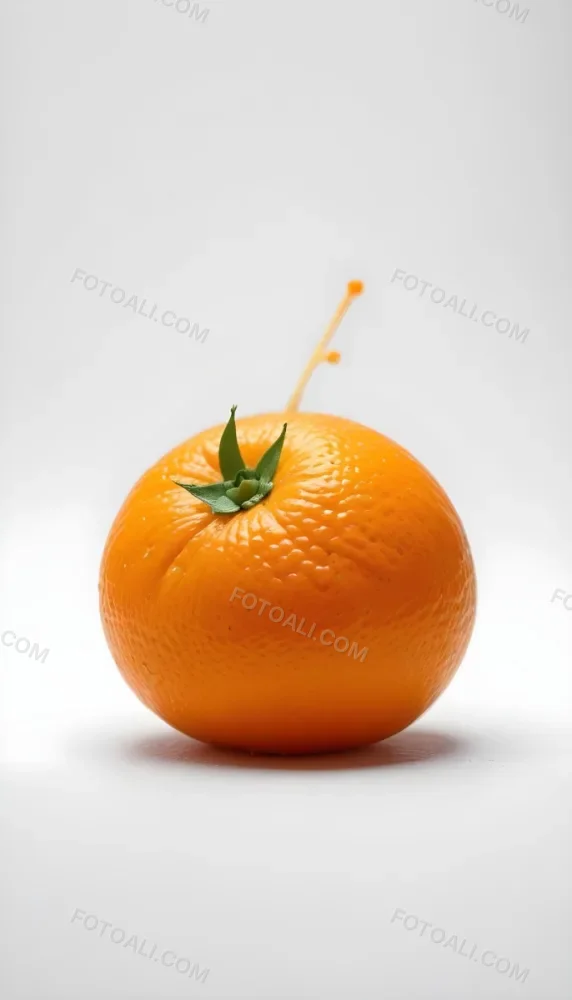 An Orange With A Small Stem On Top The Skin Is Textured And Bright Orange The Background Is White With Some Bokeh 24 48ae