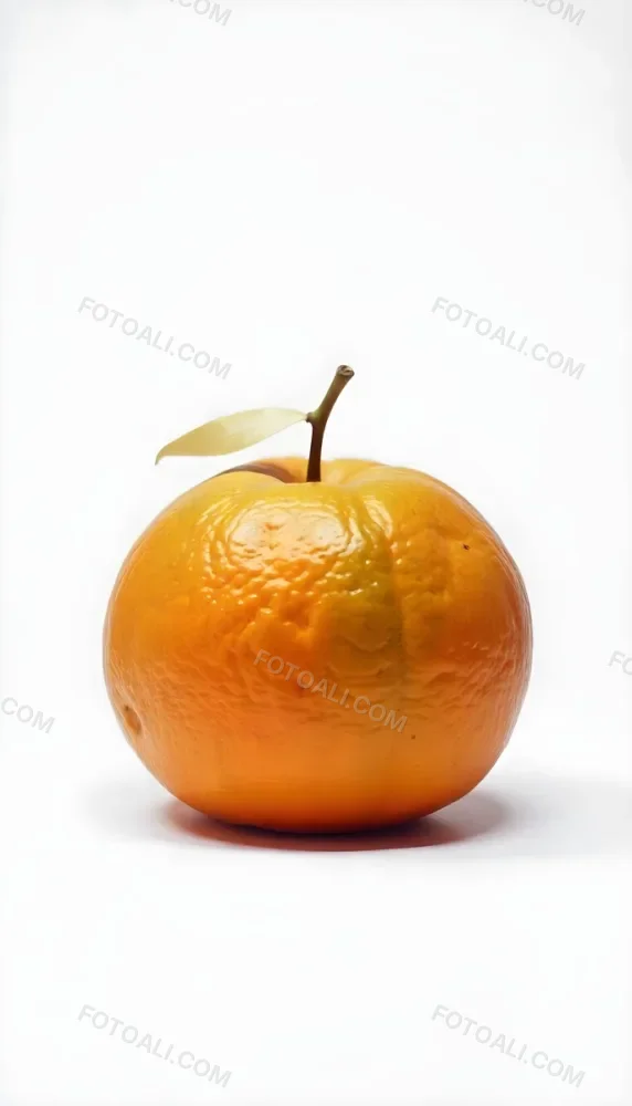 An Orange With A Small Stem On Top The Skin Is Textured And Bright Orange The Background Is White With Some Bokeh 36 663e