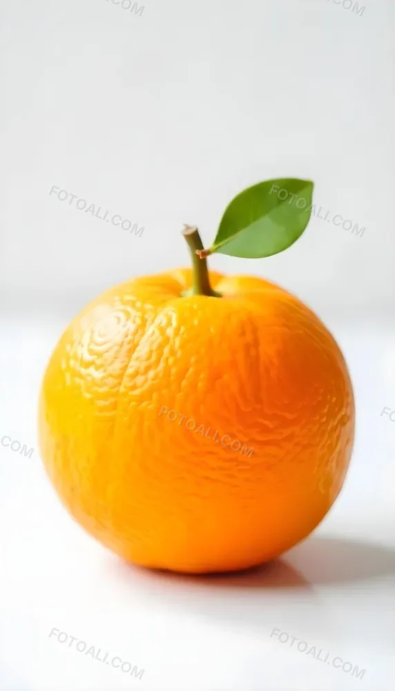 An Orange With A Small Stem On Top The Skin Is Textured And Bright Orange The Background Is White With Some Bokeh 37 4d2c