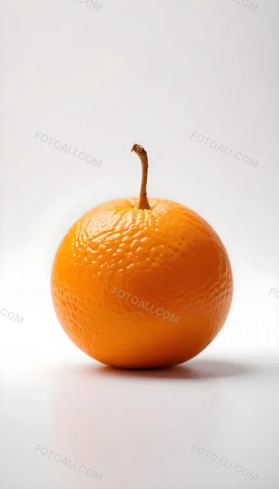 An Orange With A Small Stem On Top The Skin Is Textured And Bright Orange The Background Is White With Some Bokeh 7 484b