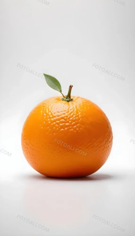 An Orange With A Small Stem On Top The Skin Is Textured And Bright Orange The Background Is White With Some Bokeh 9 4bef