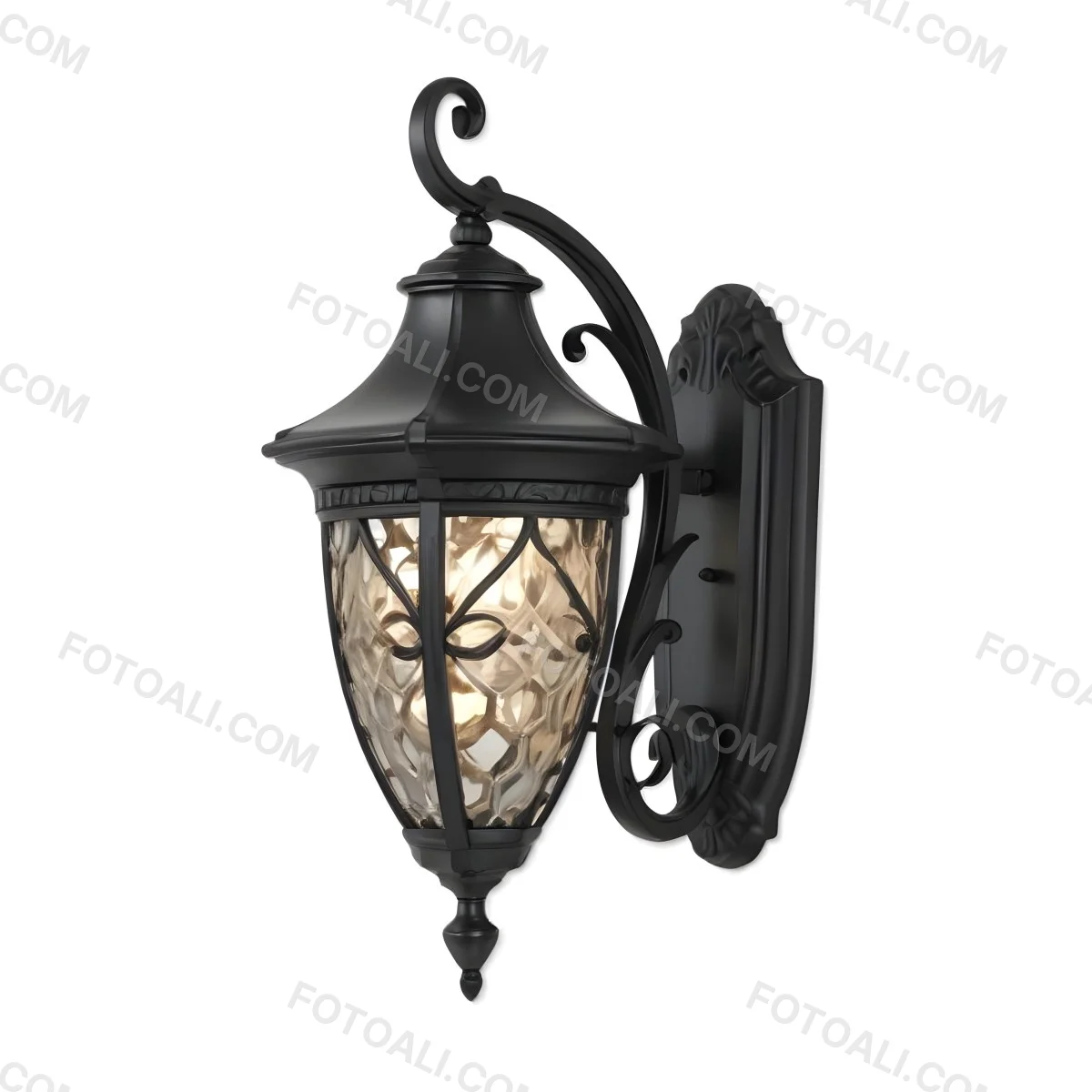 An Ornate Black Metal Outdoor Wall Sconce With A Glass Pane Design Mounted On A Brick Wall 10 15c1