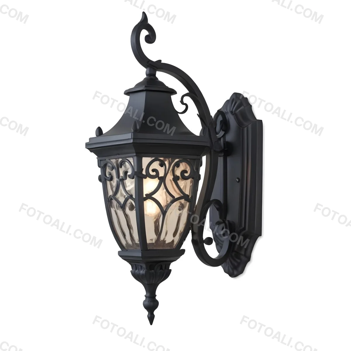 An Ornate Black Metal Outdoor Wall Sconce With A Glass Pane Design Mounted On A Brick Wall 11 9236