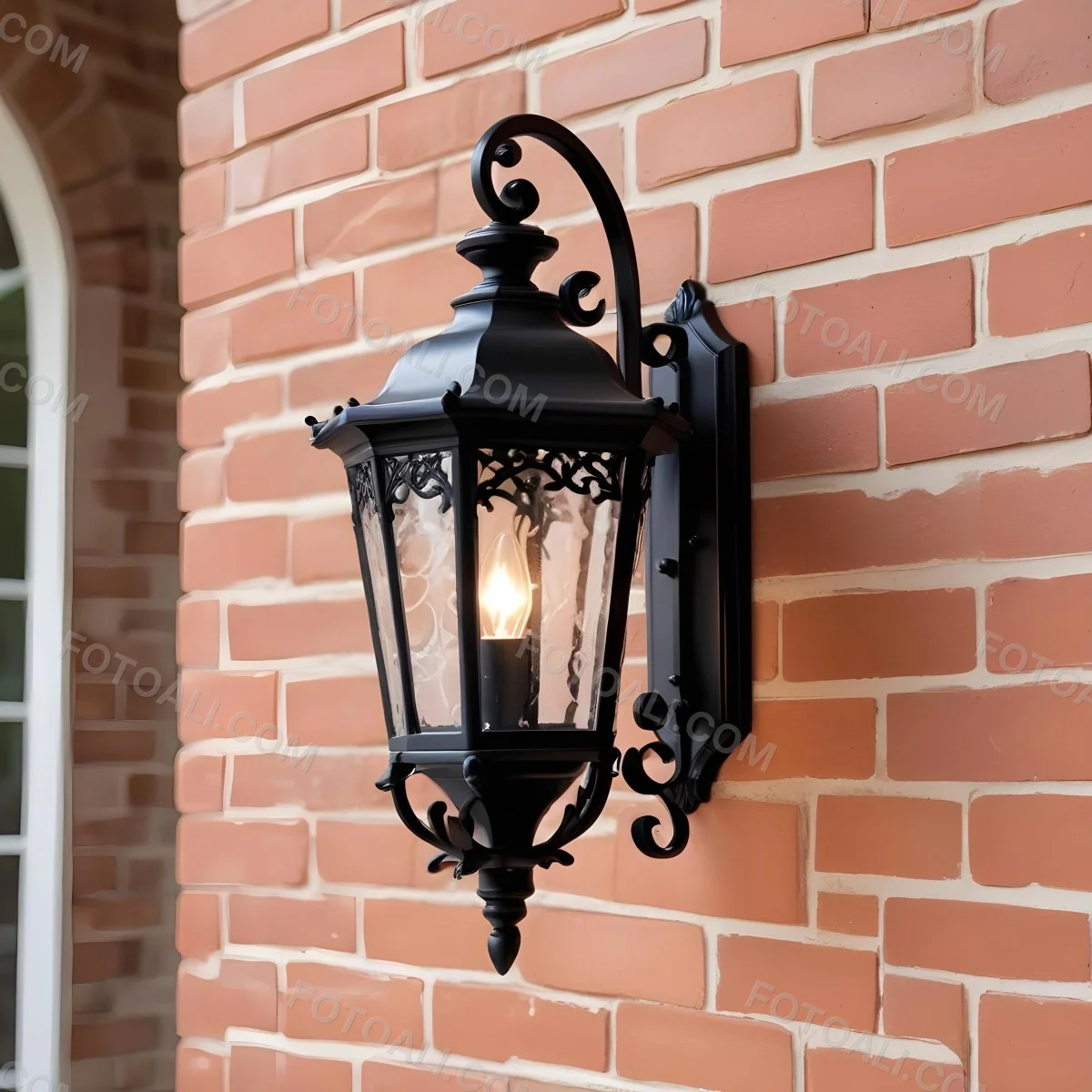 An Ornate Black Metal Outdoor Wall Sconce With A Glass Pane Design Mounted On A Brick Wall 4 00f0