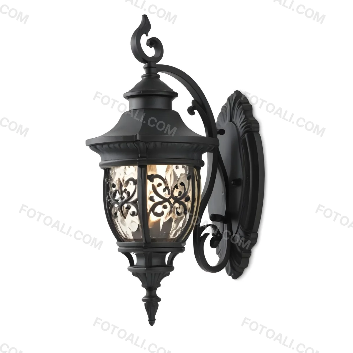 An Ornate Black Metal Outdoor Wall Sconce With A Glass Pane Design Mounted On A Brick Wall 5 425f