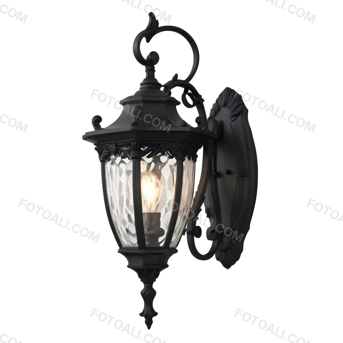 An Ornate Black Metal Outdoor Wall Sconce With A Glass Pane Design Mounted On A Brick Wall 7 B540