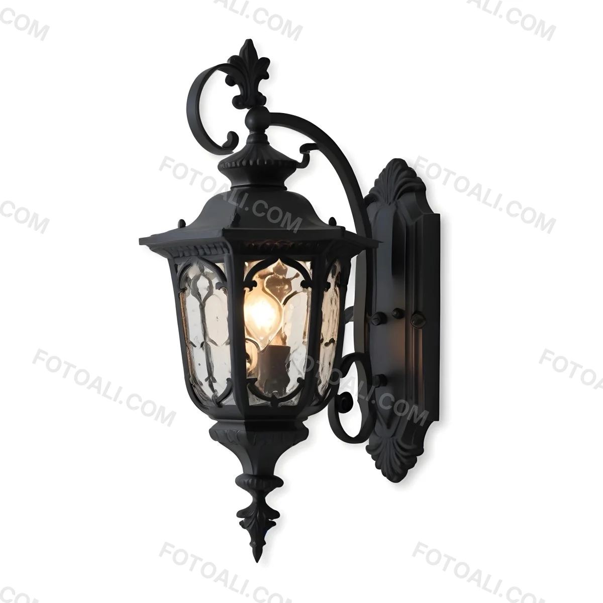 An Ornate Black Metal Outdoor Wall Sconce With A Glass Pane Design Mounted On A Brick Wall 8 6ecd
