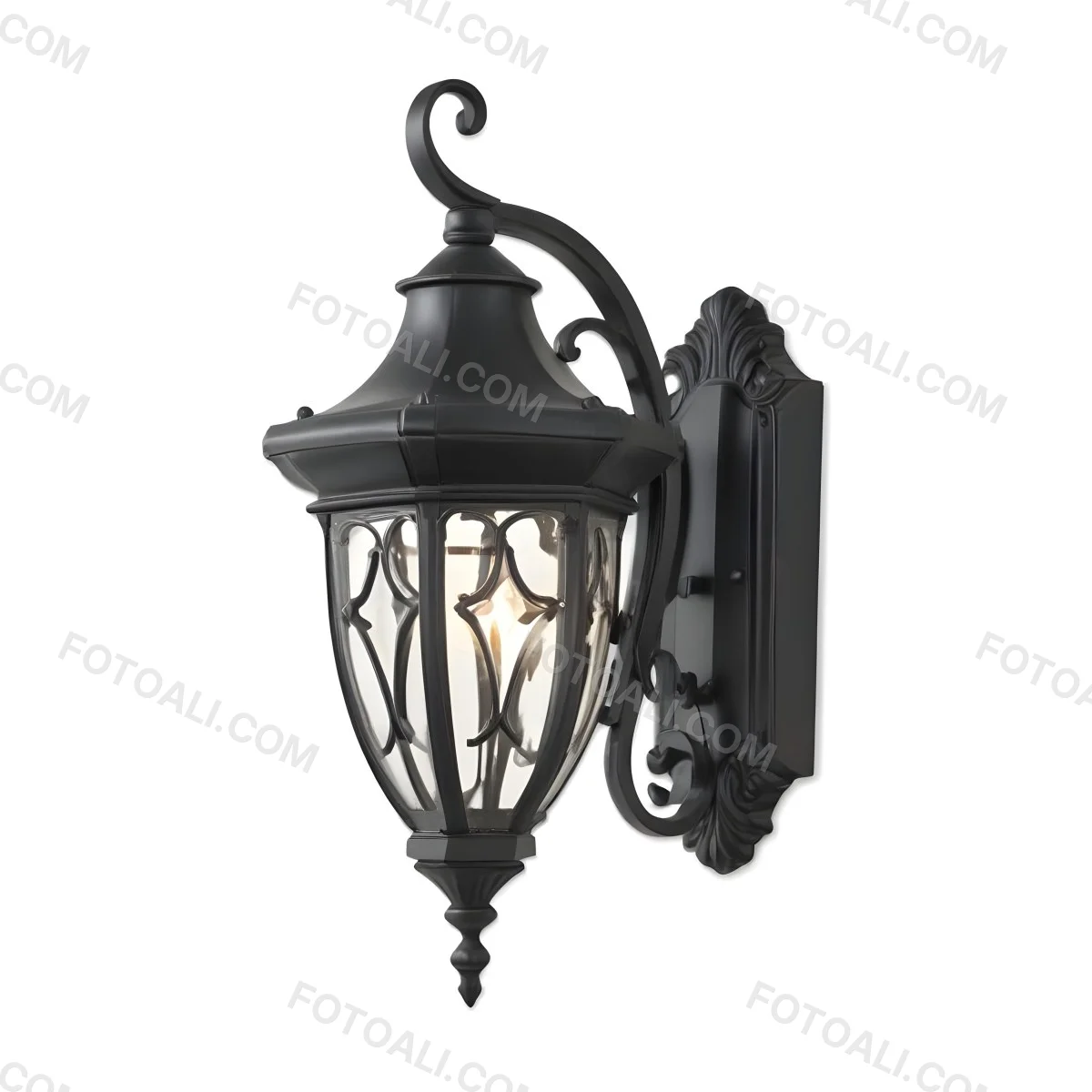 An Ornate Black Metal Outdoor Wall Sconce With A Glass Pane Design Mounted On A Brick Wall 9 72a3