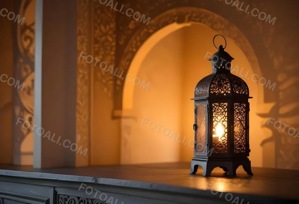 An Ornate Metal Lantern With Intricate Cutouts Casting A Warm Glow Placed On A Metal Surface With A Blurred Background Featuring An Arched Doorway 11 B4fb