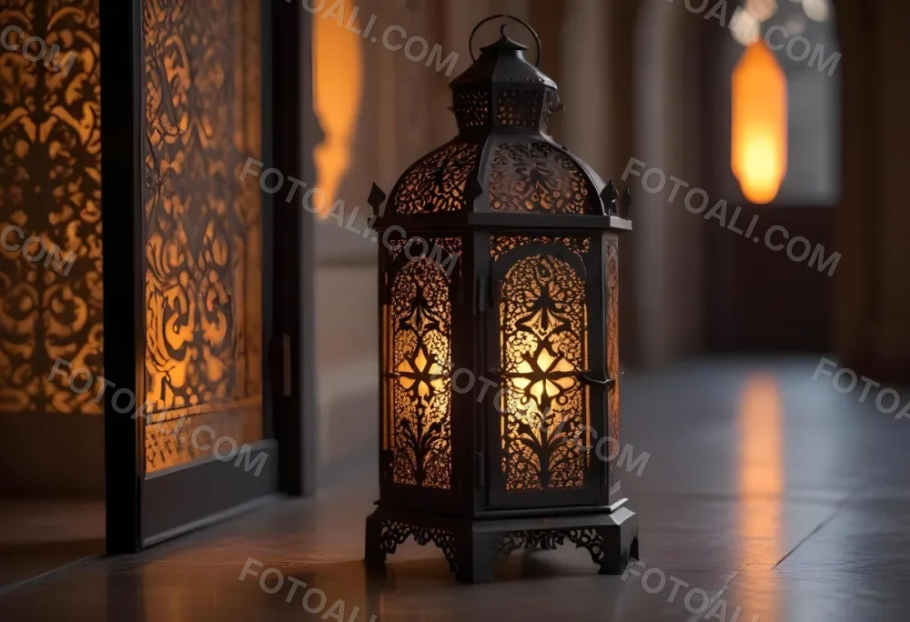 An Ornate Metal Lantern With Intricate Cutouts Casting A Warm Glow Placed On A Metal Surface With A Blurred Background Featuring An Arched Doorway 15 1a5e