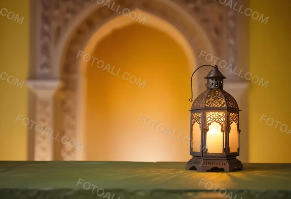 An Ornate Metal Lantern With Intricate Cutouts Casting A Warm Glow Placed On A Metal Surface With A Blurred Background Featuring An Arched Doorway 19 0c7d