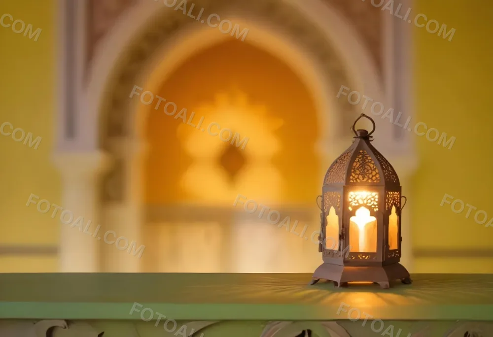 An Ornate Metal Lantern With Intricate Cutouts Casting A Warm Glow Placed On A Metal Surface With A Blurred Background Featuring An Arched Doorway 2 4351