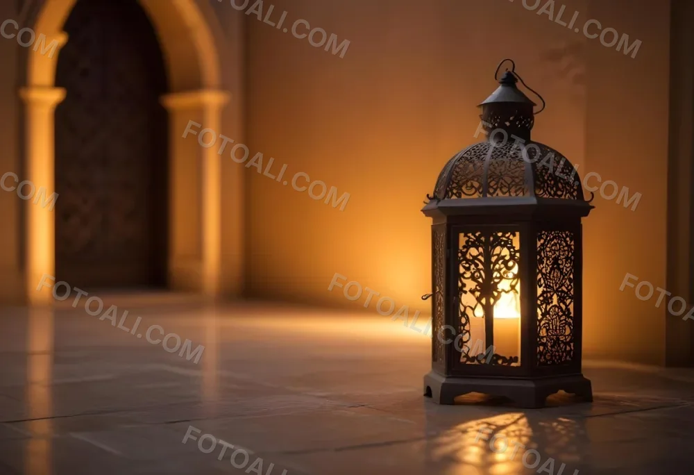 An Ornate Metal Lantern With Intricate Cutouts Casting A Warm Glow Placed On A Metal Surface With A Blurred Background Featuring An Arched Doorway 22 3d37