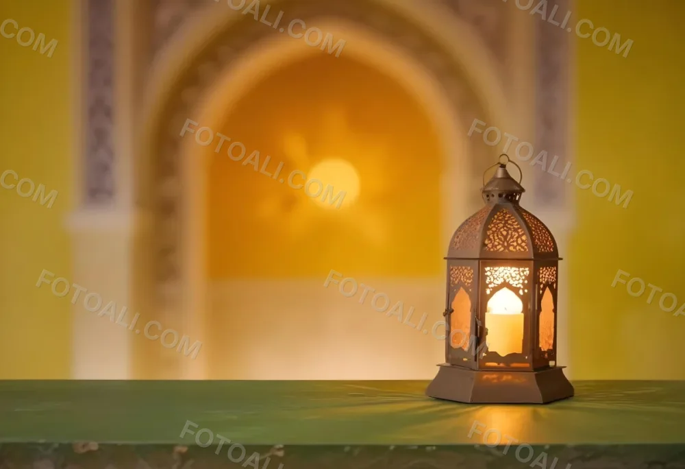 An Ornate Metal Lantern With Intricate Cutouts Casting A Warm Glow Placed On A Metal Surface With A Blurred Background Featuring An Arched Doorway 23 F9d1