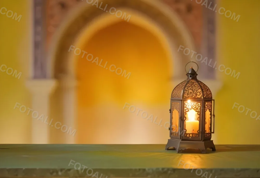 An Ornate Metal Lantern With Intricate Cutouts Casting A Warm Glow Placed On A Metal Surface With A Blurred Background Featuring An Arched Doorway 25 0ce4