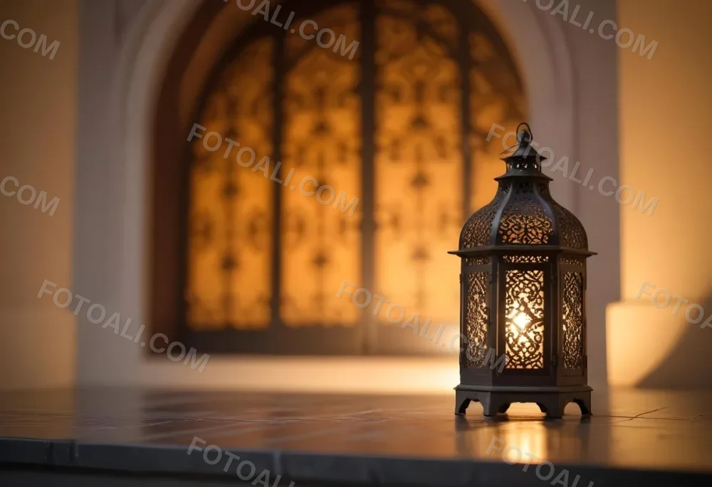 An Ornate Metal Lantern With Intricate Cutouts Casting A Warm Glow Placed On A Metal Surface With A Blurred Background Featuring An Arched Doorway 28 5f32