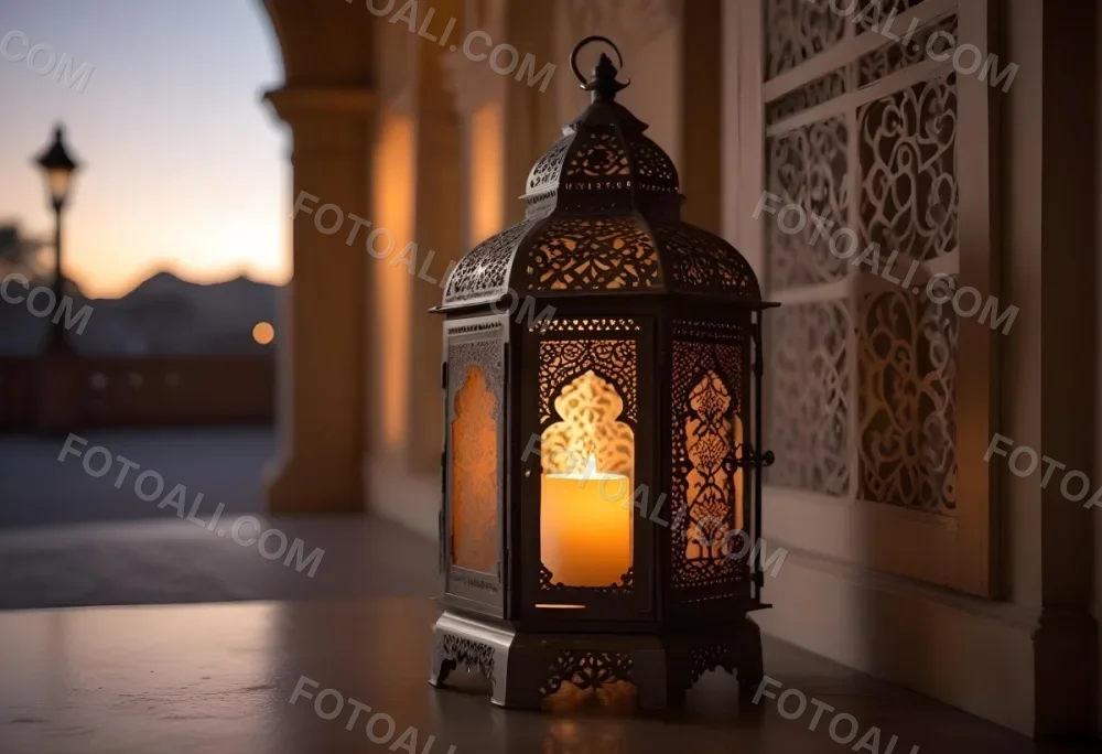 An Ornate Metal Lantern With Intricate Cutouts Casting A Warm Glow Placed On A Metal Surface With A Blurred Background Featuring An Arched Doorway 30 0b26