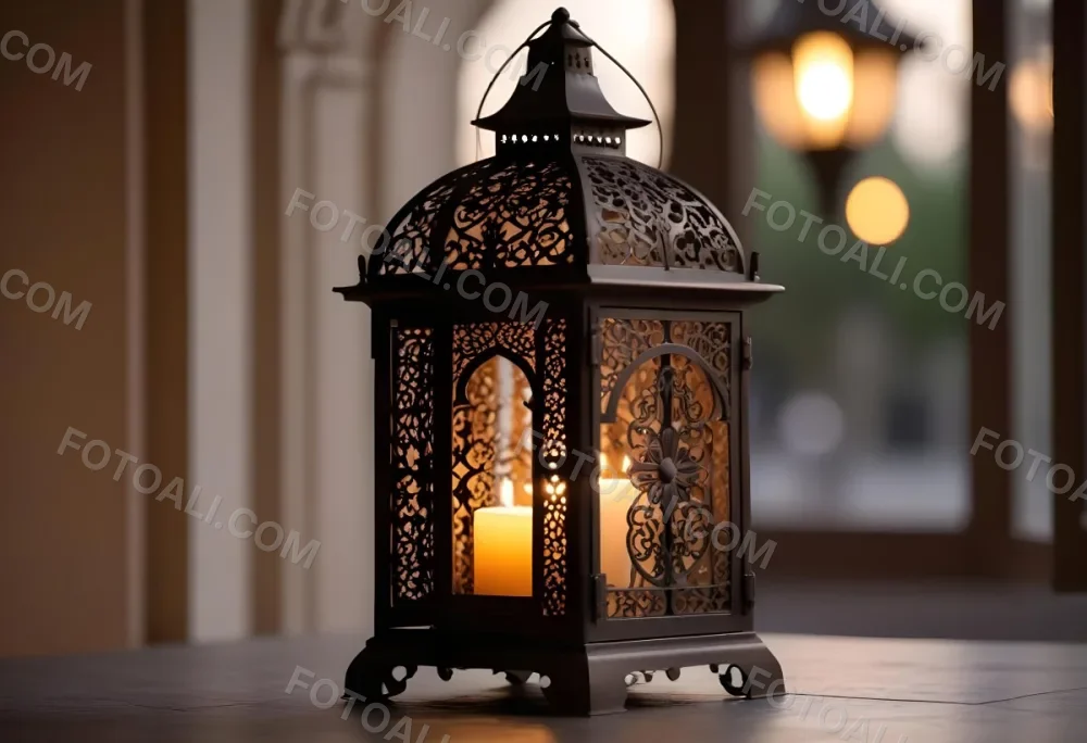 An Ornate Metal Lantern With Intricate Cutouts Casting A Warm Glow Placed On A Metal Surface With A Blurred Background Featuring An Arched Doorway 32 A0a9